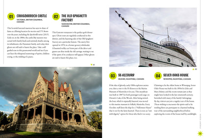 Inside spread with photos of a towered building and an ornate house, beside columns of text.