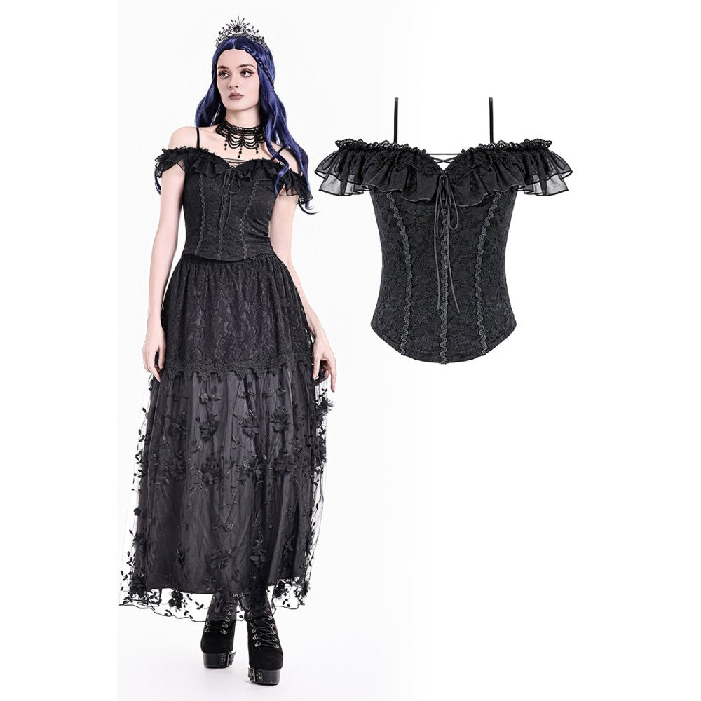 Dark in Love Nocturne Ruffled Lace Cold-Shoulder Top