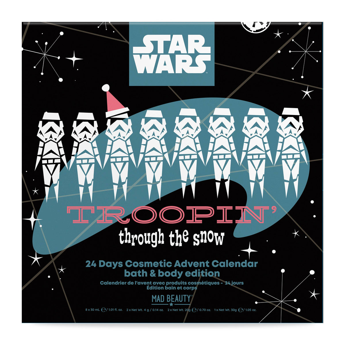 Front of the Star Wars Troopin advent calendar box, stormtroopers marching artwork