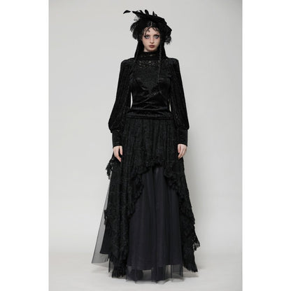 Dark in Love Cyra Gothic Jacquard Velvet Bell Sleeve Top - Kate's Clothing