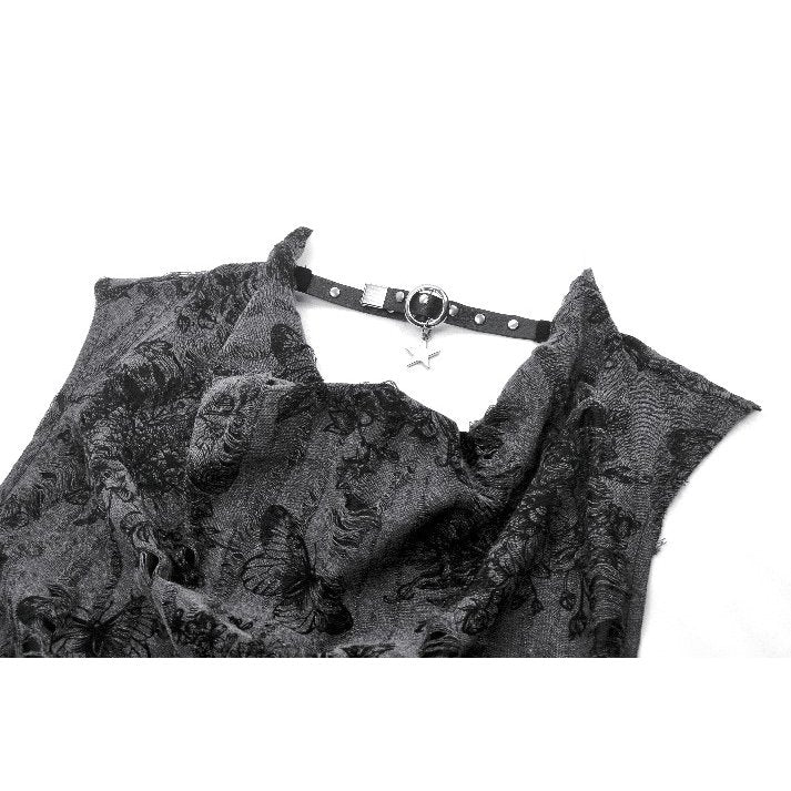 Dark in Love Shredded Butterfly Print Halter Goth Top In Grey