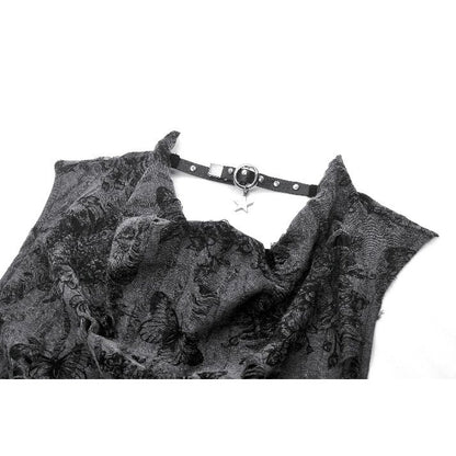 Dark in Love Shredded Butterfly Print Halter Goth Top In Grey