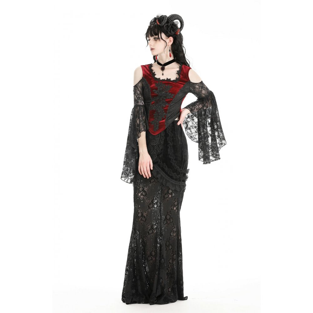 Dark in Love Delancy Gothic Black and Red Velvet Cold Shoulder Top - Kate's Clothing