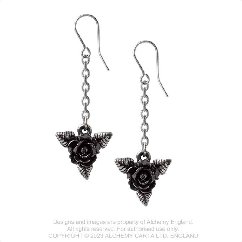 Alchemy Gothic Black Rose Droppers earrings black rose drop earrings with chain and silver-hued leaves