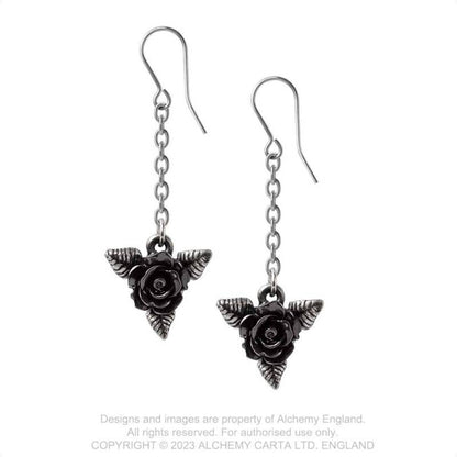 Alchemy Gothic Black Rose Droppers earrings black rose drop earrings with chain and silver-hued leaves