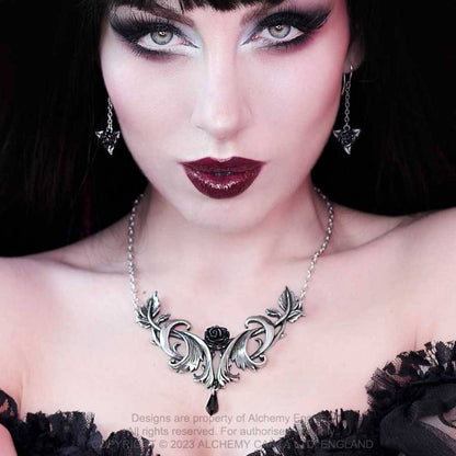 Alchemy Gothic Black Rose Droppers earrings worn on model gothic black rose drop earrings with chain detail
