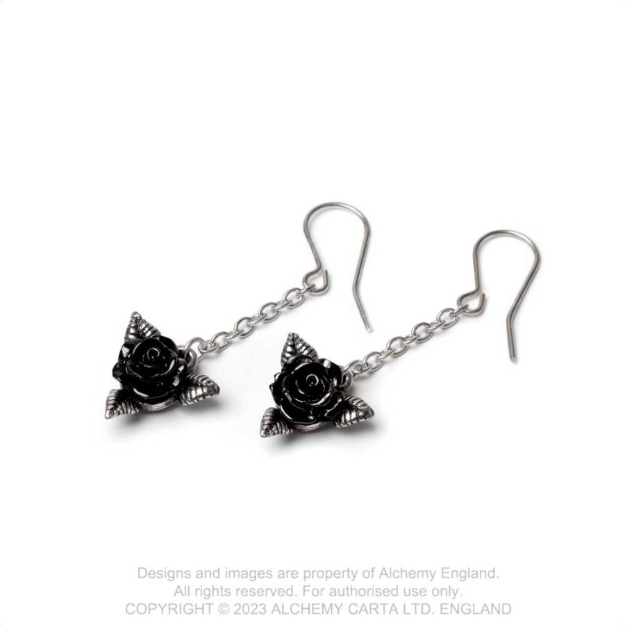Alchemy Gothic Black Rose Droppers earrings gothic rose drop earrings with chain and hook wires
