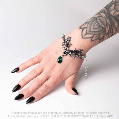 Alchemy Gothic Churchyard ivy leaf bracelet worn by model gothic jewellery with green crystal