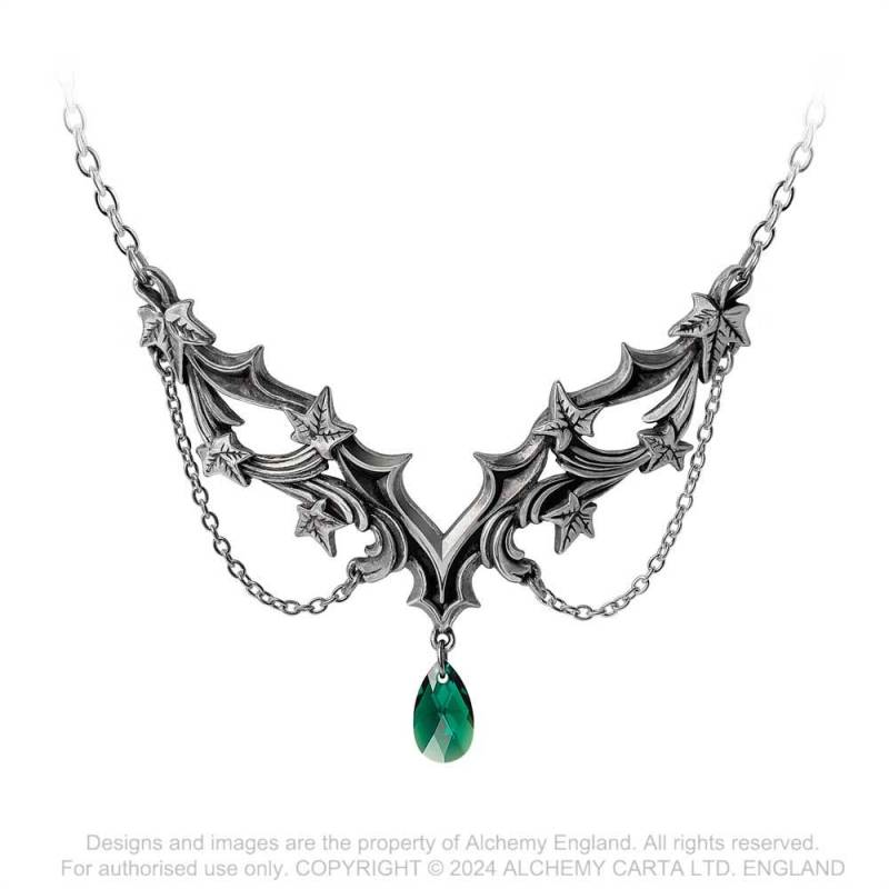 Alchemy Gothic Churchyard necklace ivy leaf pewter pendant with green Austrian crystal
