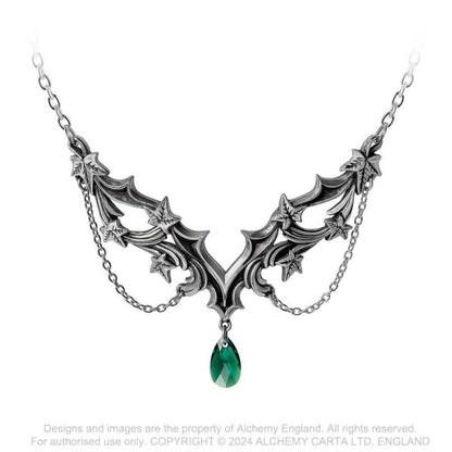 Alchemy Gothic Churchyard necklace ivy leaf pewter pendant with green Austrian crystal