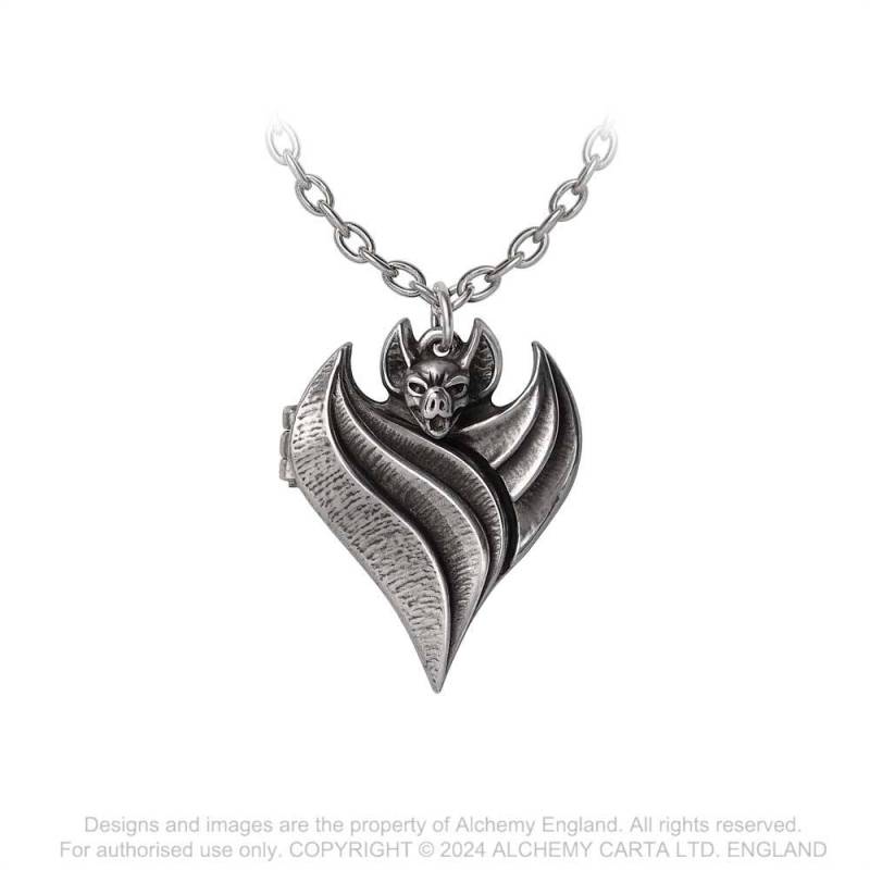 Alchemy Gothic Darken Heart bat shaped heart locket pendant front view gothic jewellery