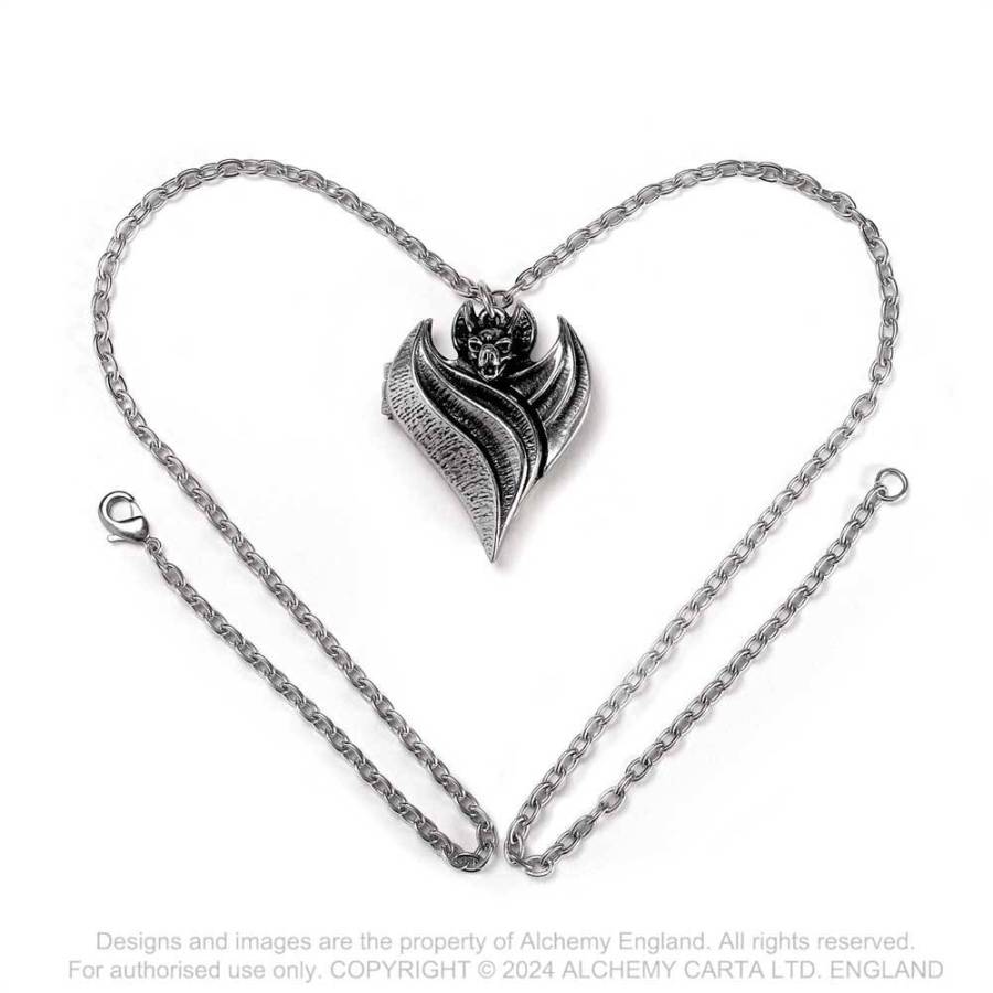 Alchemy Gothic Darken Heart pewter bat heart locket pendant open showing hidden message