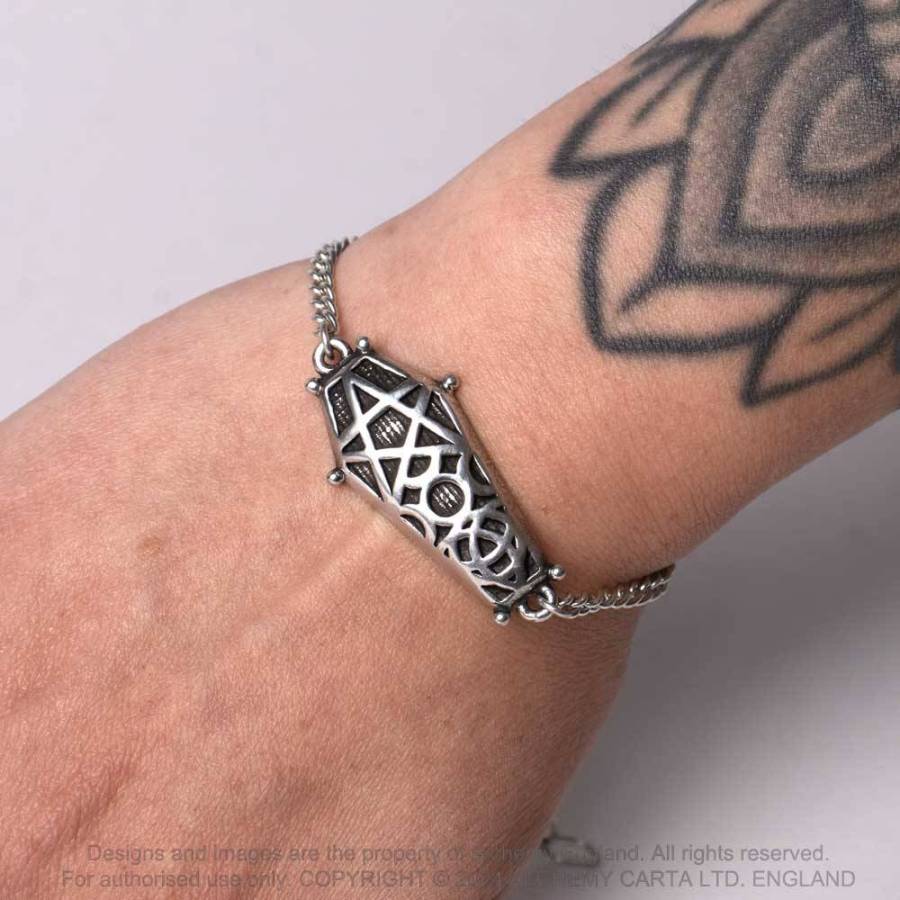 Alchemy Gothic Hex Coffin bracelet worn by model gothic jewellery with triple moon and pentagram