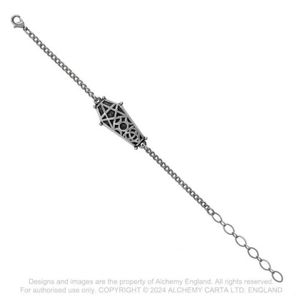 Alchemy Gothic Hex Coffin bracelet side view coffin inspired pewter bracelet with pentagram
