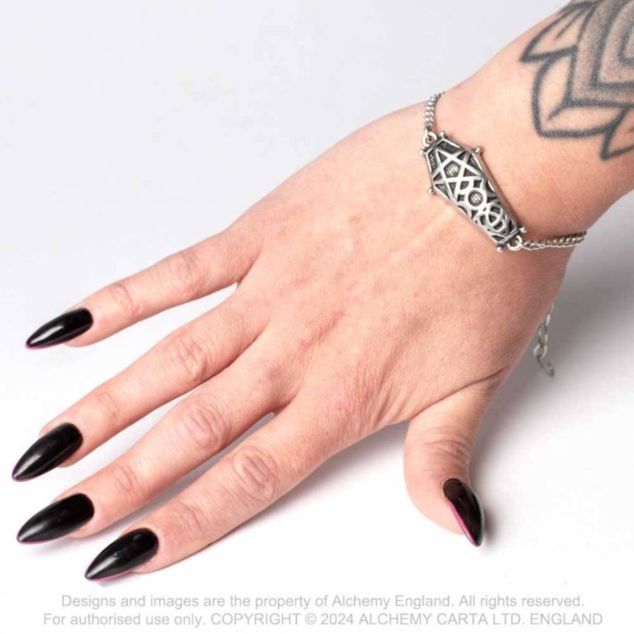 Alchemy Gothic Hex Coffin bracelet worn on hand triple moon pentagram pewter bracelet
