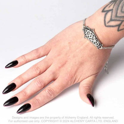 Alchemy Gothic Hex Coffin bracelet worn on hand triple moon pentagram pewter bracelet