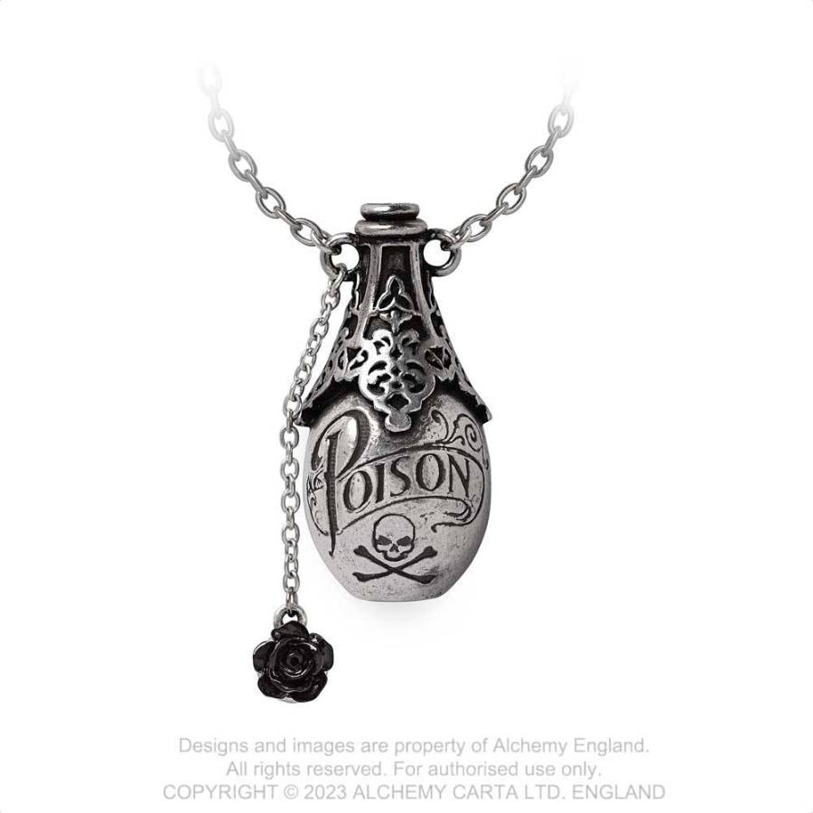 Alchemy Gothic Lucrezia's Fix pendant gothic poison bottle necklace with black rose detail