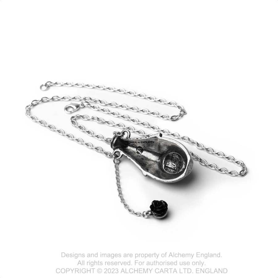 Alchemy Gothic Lucrezia's Fix pendant open showing removable stopper poison bottle necklace detail