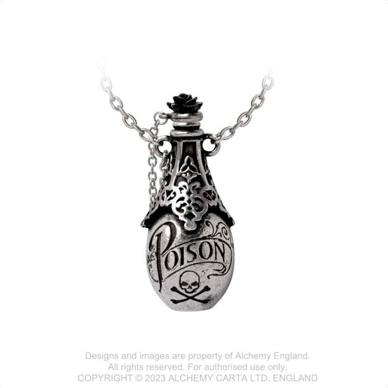 Alchemy Gothic Lucrezia's Fix pewter pendant poison bottle necklace with black rose detail and etched Poison design