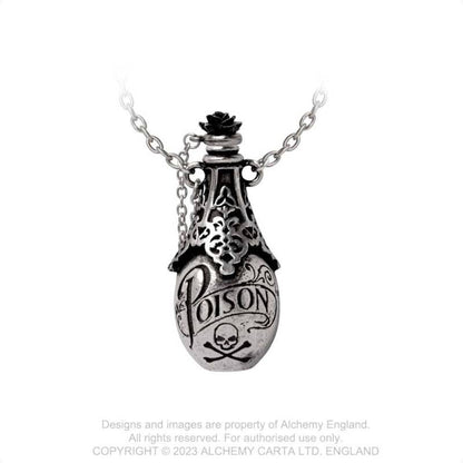 Alchemy Gothic Lucrezia's Fix pewter pendant poison bottle necklace with black rose detail and etched Poison design