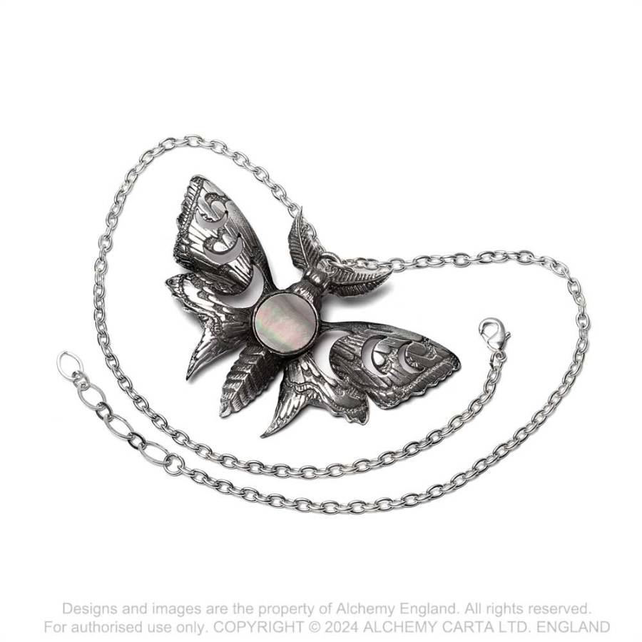 Alchemy Gothic Lunar Moth necklace detailed moth pendant with lunar cycle and mother of pearl centre