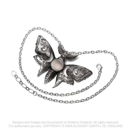 Alchemy Gothic Lunar Moth necklace detailed moth pendant with lunar cycle and mother of pearl centre