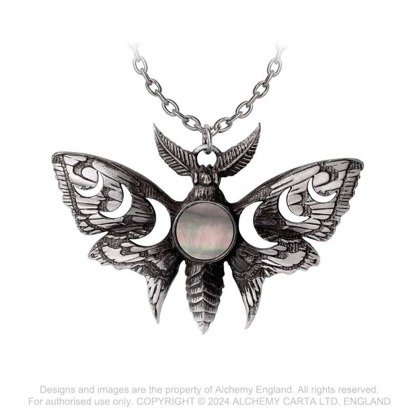 Alchemy Gothic Lunar Moth necklace pewter moth pendant with moon phases and mother of pearl