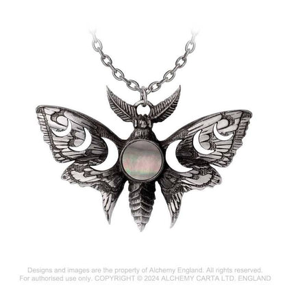 Alchemy Gothic Lunar Moth necklace pewter moth pendant with moon phases and mother of pearl