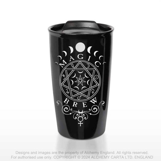 Alchemy Gothic Magic Brew ceramic travel mug occult sigil design black gothic travel cup