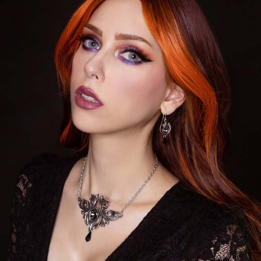 Alchemy Gothic Midnight Memorial earrings styled on model gothic statement crystal earrings