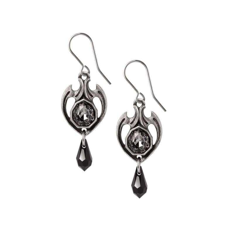 Alchemy Gothic Midnight Memorial earrings baroque pewter earrings with black crystal drop