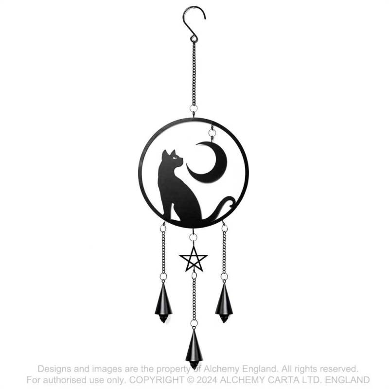 Alchemy Gothic Moon Gazer hanging decoration black cat and crescent moon metal wind chime