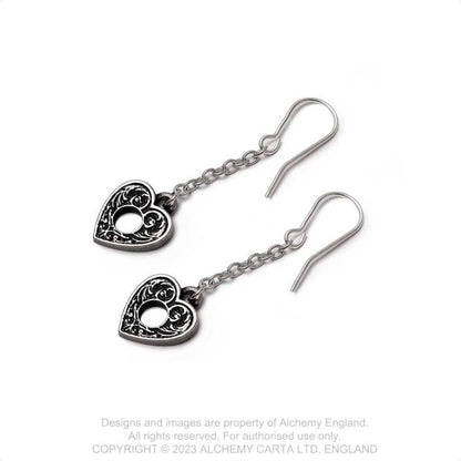 Alchemy Gothic Planchette Droppers earrings back view gothic planchette drop earrings with hook wires