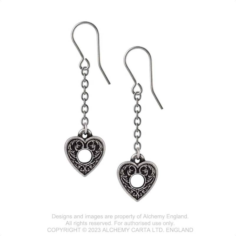 Alchemy Gothic Planchette Droppers earrings gothic planchette drop earrings in pewter with dangling chain