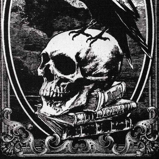 Alchemy Gothic Poe's Raven rug skull and raven artwork Nevermore gothic rug detail