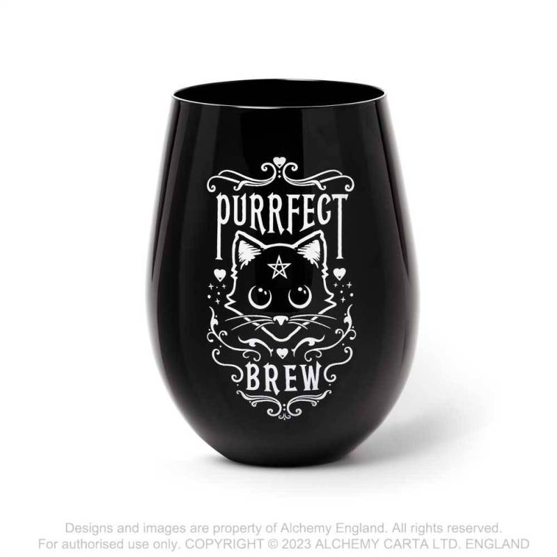 Alchemy Gothic Purrfect Brew stemless glass gothic cat design black drink glass