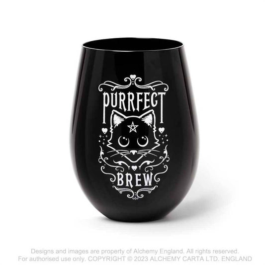 Alchemy Gothic Purrfect Brew stemless glass gothic cat design black drink glass