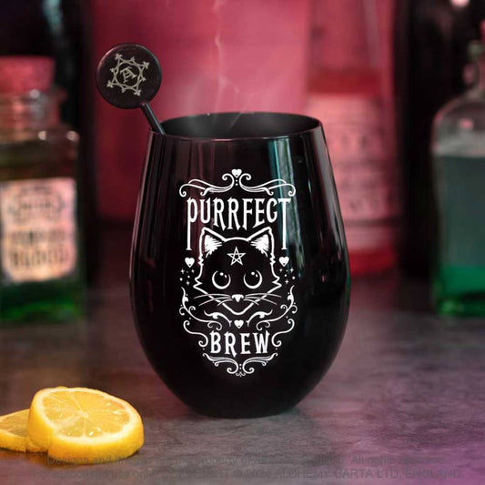 Alchemy Gothic Purrfect Brew stemless glass black magic cat artwork drinking glass