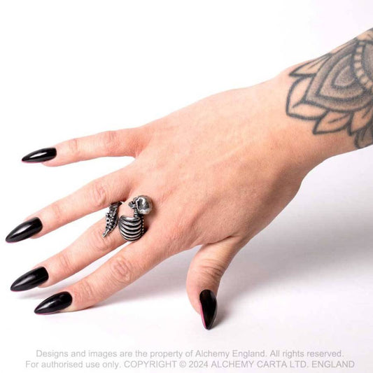 Alchemy Gothic Resurrected skull rib cage ring worn on hand gothic alternative jewellery