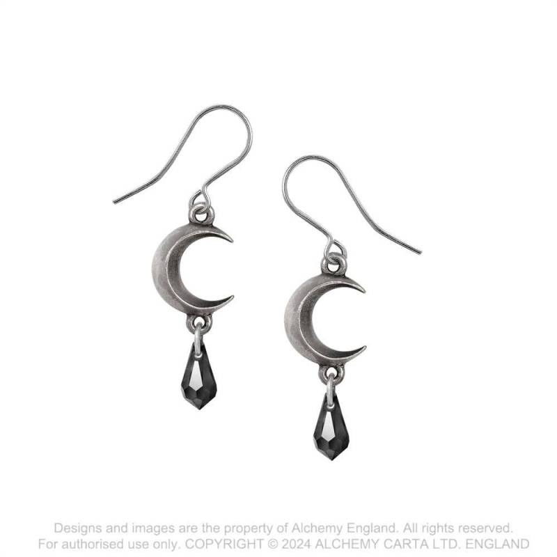 Alchemy Gothic Tears of the Moon earrings pewter crescent moon earrings with black crystal drop