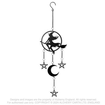Alchemy Gothic Witch by Moonlight hanging decoration witch on broom crescent moon gothic wind chime