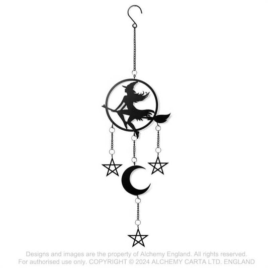 Alchemy Gothic Witch by Moonlight hanging decoration witch on broom crescent moon gothic wind chime