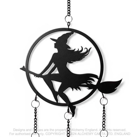 Alchemy Gothic Witch by Moonlight metal wall hanging witch flying on broom celestial decor