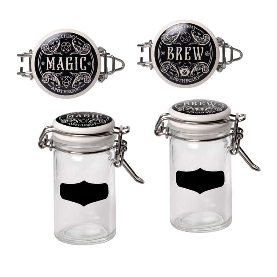 Alchemy Gothic Witch’s Spice Rack glass jars with labels for herbs spices and potions