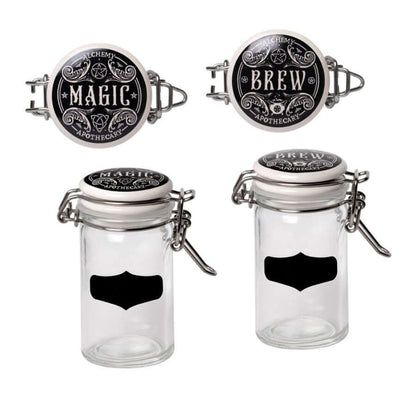 Alchemy Gothic Witch’s Spice Rack glass jars with labels for herbs spices and potions