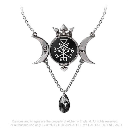 Alchemy Gothic Wycca Queen necklace triple moon pendant with seal of Lilith and black onyx