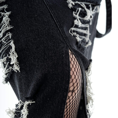 Alternative fashion maxi skirt with suspenders and stonewash finish