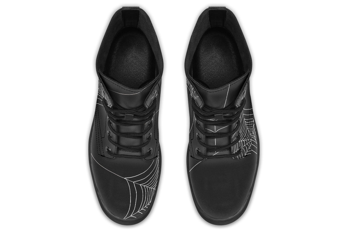 Top view of Caught Up In Your Web AntiBrand boots with spiderweb artwork