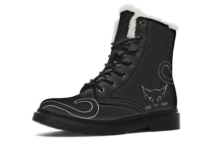 Vegan gothic fleece lined boots with kitten artwork