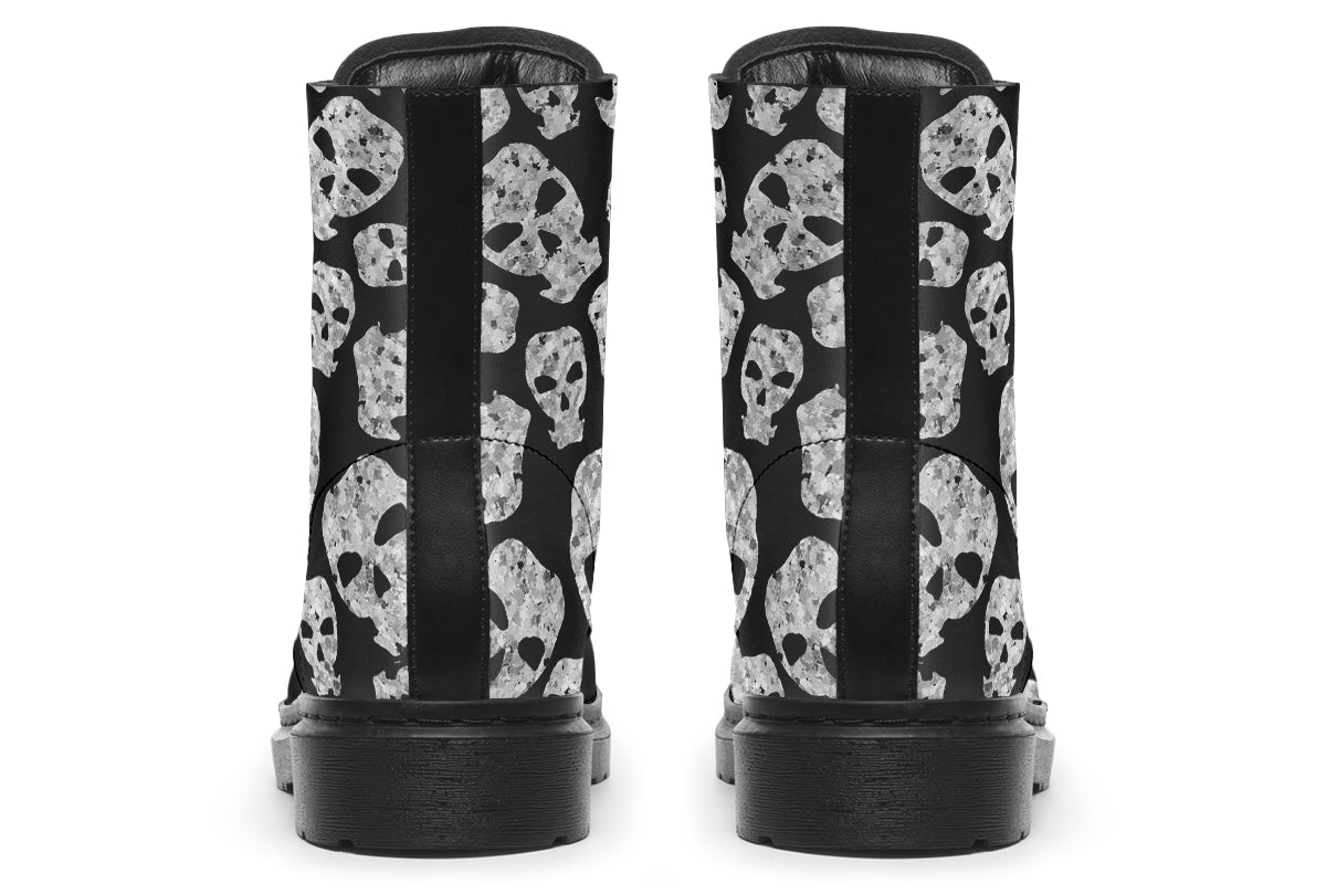 Back view of Ashes to Ashes boots showing distressed monochrome skulls